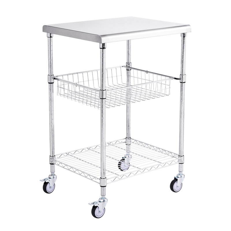 Chariot utilitaire roulant 3, 470 lb, 24 po x 20 po x 36,6 po, 6 crochets, plateau de table en acier inoxydable, tablettes réglables, roulettes de 3 po, acier, silencieux