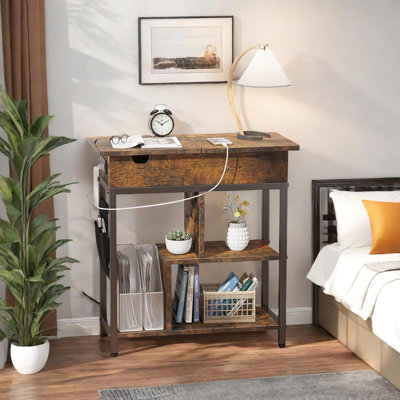 Small Spaces End Table w/USB Ports & Outlets, Sofa Couch Table w/ Charging Station, Flip Top Side Table w/ Storage Shelf & Storage Bag
