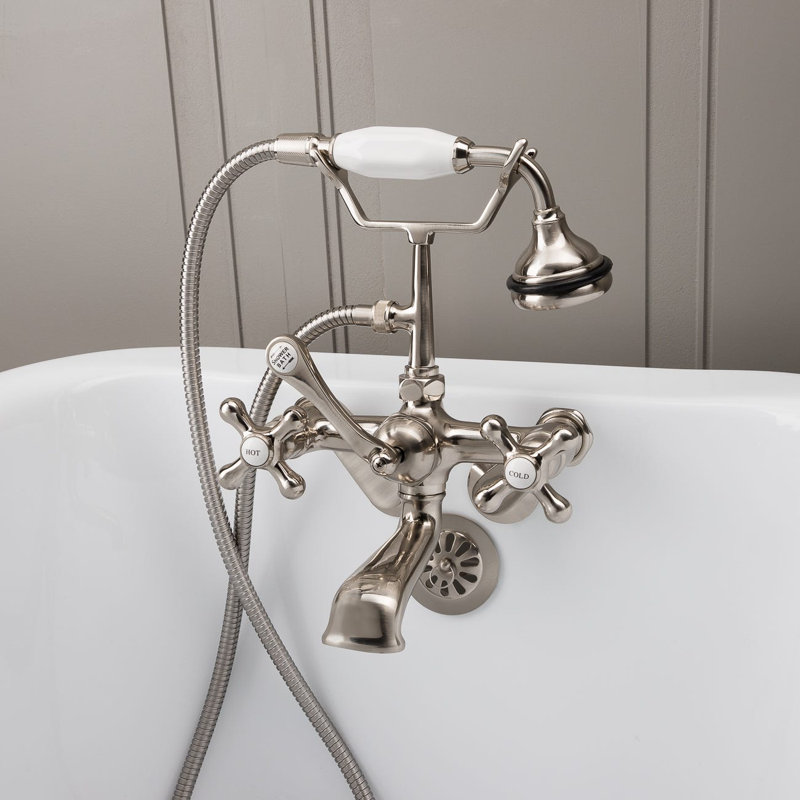 3 Handle Wall Clawfoot Tub Faucet with Diverter, Brushed Nickel