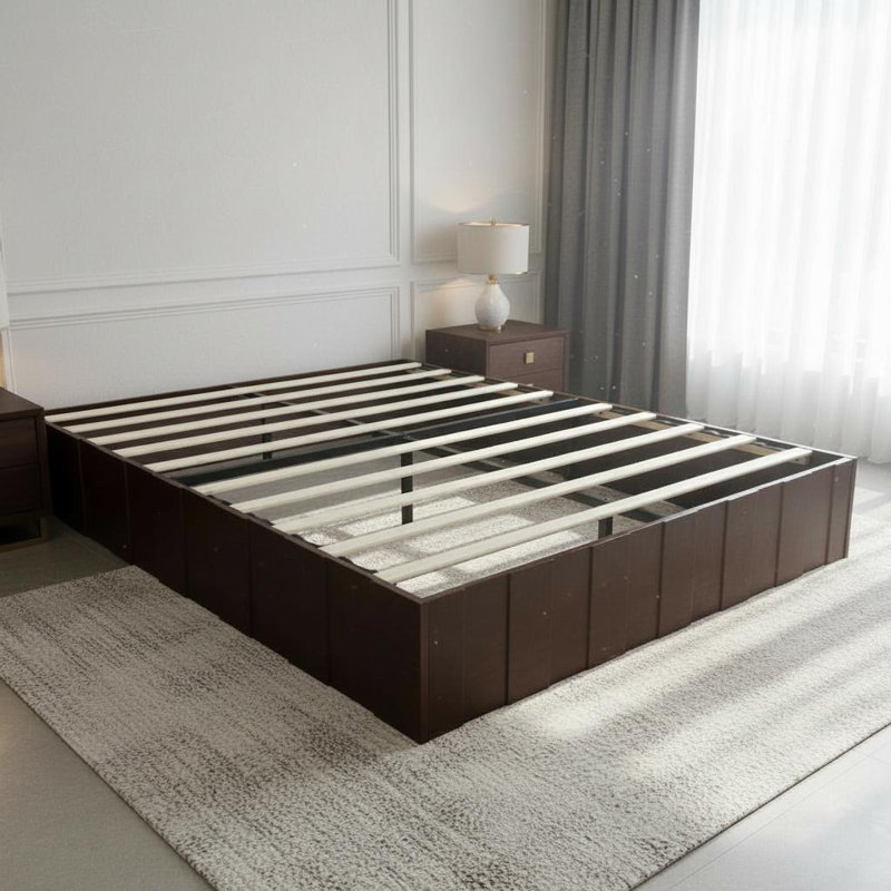 Cadre de lit plateforme pleine grandeur, structure à lattes robustes, aucun sommier requis pour la chambre à coucher, noyer