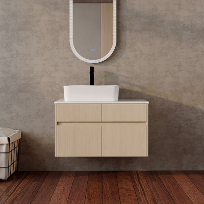 Meuble-lavabo mural de 81 cm (32 pouces) avec lavabo décoratif en céramique, panneau plat en PVC, 2 portes à fermeture amortie et 1 tiroir, emballage amovible, panneaux de particules