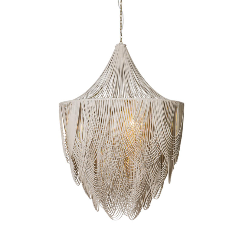 Large Leather Fringe Chandelier w/ Crown, Cream, 53" H x 36" W x 36" D