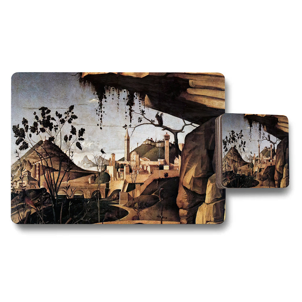 Vintage Landscape Placemat And Coaster Set Featuring City Town Scene
