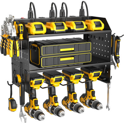 Power Tool Organizer, Wall Mount Charging Station with 6 Outlets, Tool Holder Storage Shelf Rack for Garage, Workbench and Workshop, 4 Drill Holders and Drill Bit Rack, 3 Layer, (Black)