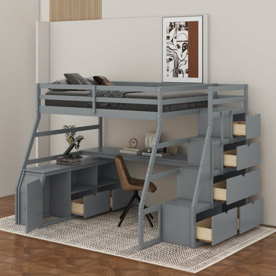 Lit mezzanine avec 7 tiroirs, 2 tablettes et un bureau