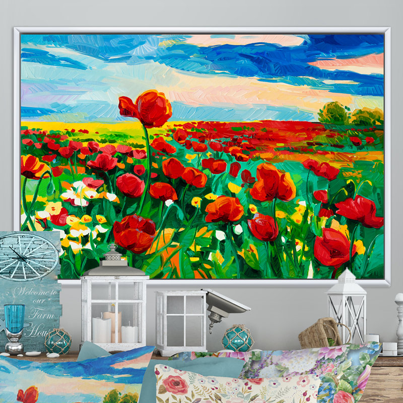 Coquelicots - reproduction sur toile, H 16 po x l 32 po x P 1 po, Toile avec cadre flottant blanc