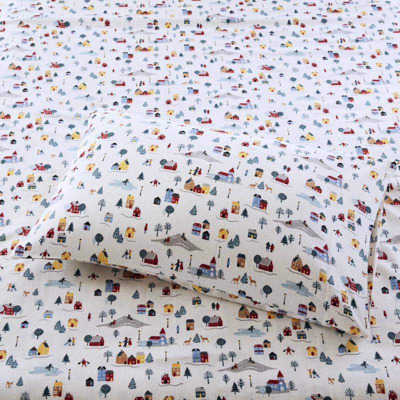 Ensemble de draps 4 pièces 4 pièces avec imprimé blanc de village, flanelle 100% coton, doux au toucher, comprend drap plat, 2 taies d'oreiller ajustées, lavable à la machine, en design, flanelle pour dormir