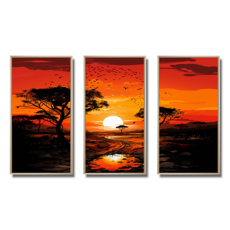 Arbre africain, safari au coucher du soleil - art mural Baobab, Cadre flottant brun, H 32 po x l 48 po x P 1 po