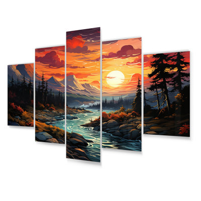 Ensemble de décorations murales en métal Planets Sunset On Mountain II - Montgolfière