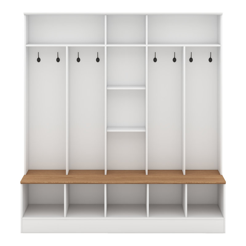 Wide Design Hall Tree With Storage Bench,Shoe Cabinet With Cube Storage & Shelves, Multifunctional Coat Rack With 8 Hooks