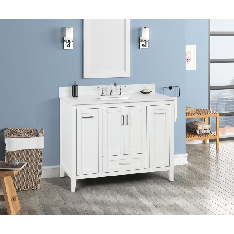 Meuble-lavabo simple 42 po Milford avec comptoir en pierre d'ingénierie blanc Carrara, évier et dosseret, bois massif, pré-assemblé
