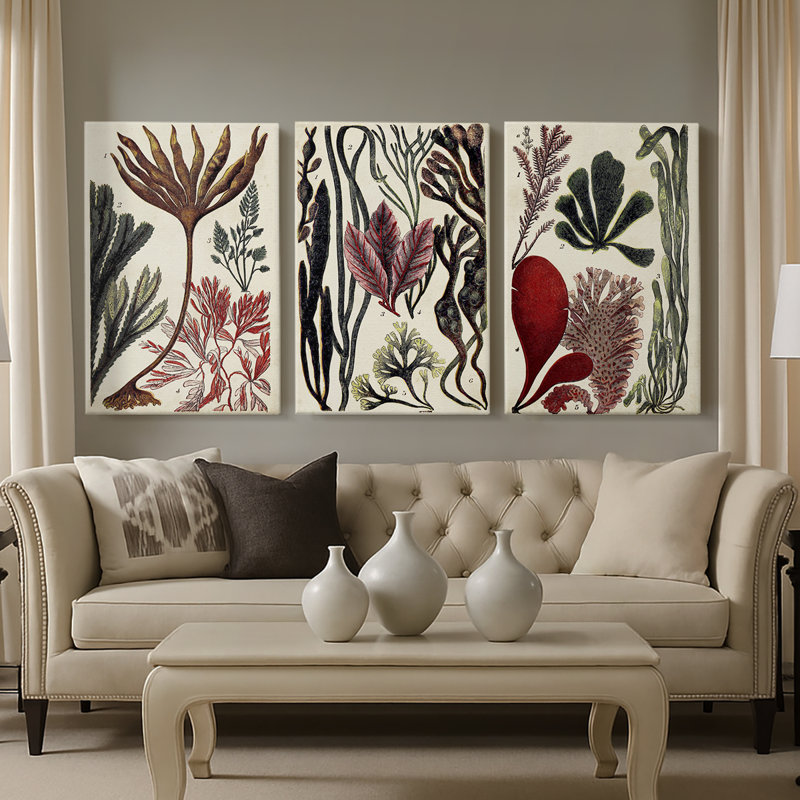 Corail et algues - Montage sur toile tendue sur mesure - 3 pièces, H 12 po x l 24 po