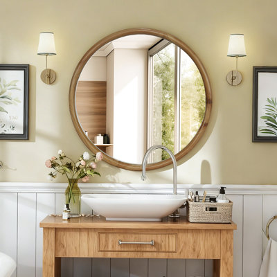 Miroir mural rond rond en bois 23,62 po pour salle de bain, chambre à coucher, vestibule, miroir décoratif Mid-Century