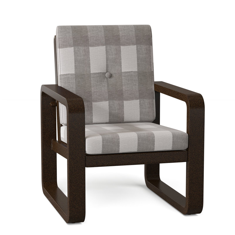 Chaise de patio avec coussin Vale, Prescott Dove Check Sunbrella®, Brun châtaigne