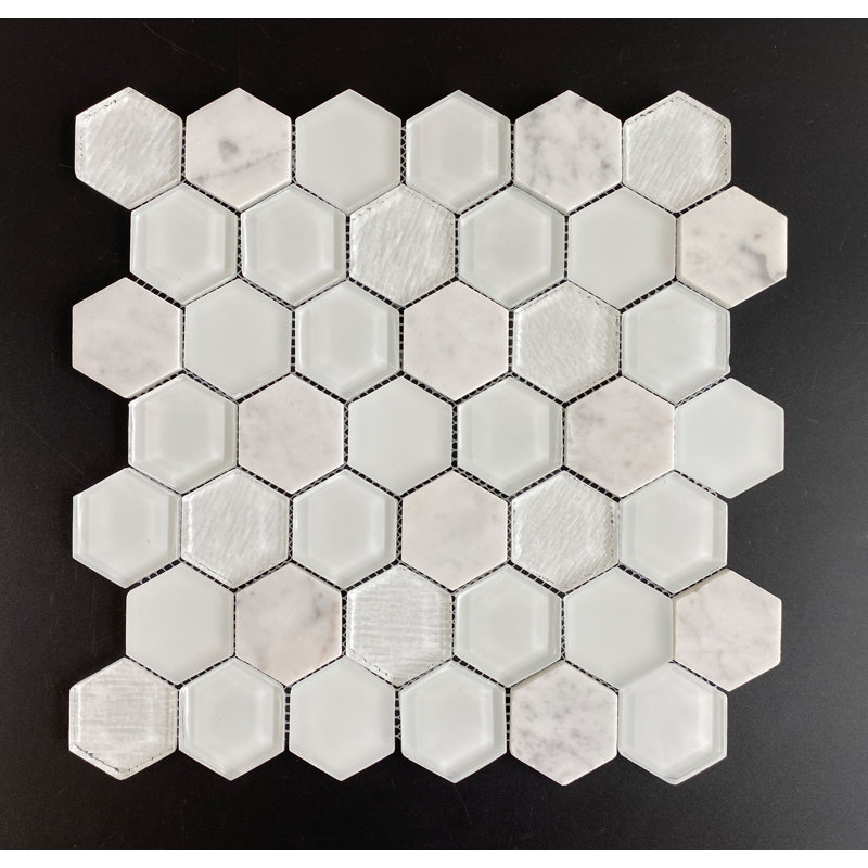 2" x 2" Honeycomb Mosaic Wall Tile, White Glass / White Carrara