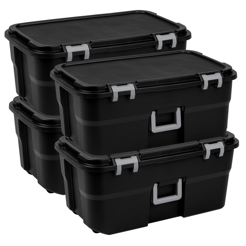 Sterilite Wheeled Footlocker, 22 Gal Storage Container with Lid, Black, 4 Pack, 88 Quarts