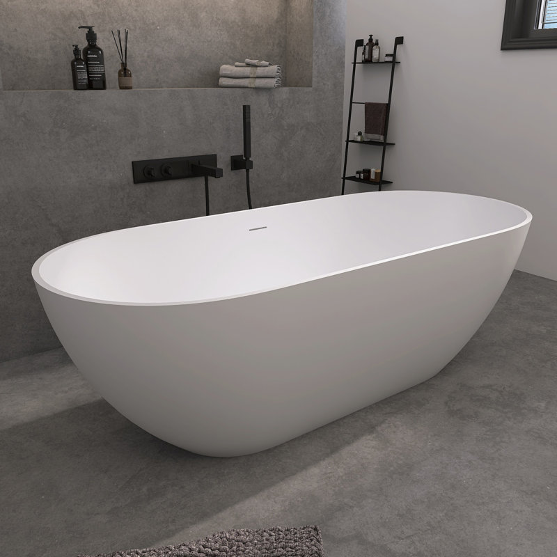 Baignoire de trempage autoportante 63 x 29,53 à surface solide blanc mat avec trop-plein et drain escamotable
