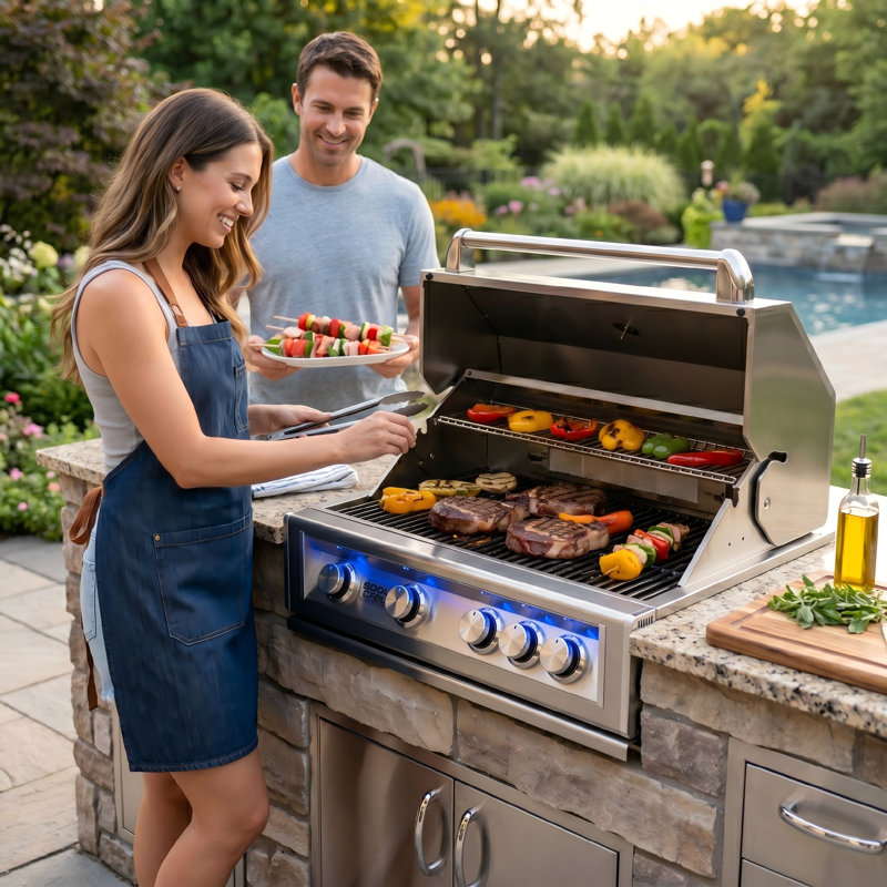 BroilChef 32-inch Built-in  Steel 4+1RL-Burner Outdoor Kitchen Island BBQ Propane Grill with Infrared Rear Burner Oven 304 High-Grade Stainless Steel, 4 Main Burners+1 Infrared Rear Burner with Rear Burner BCP-500S