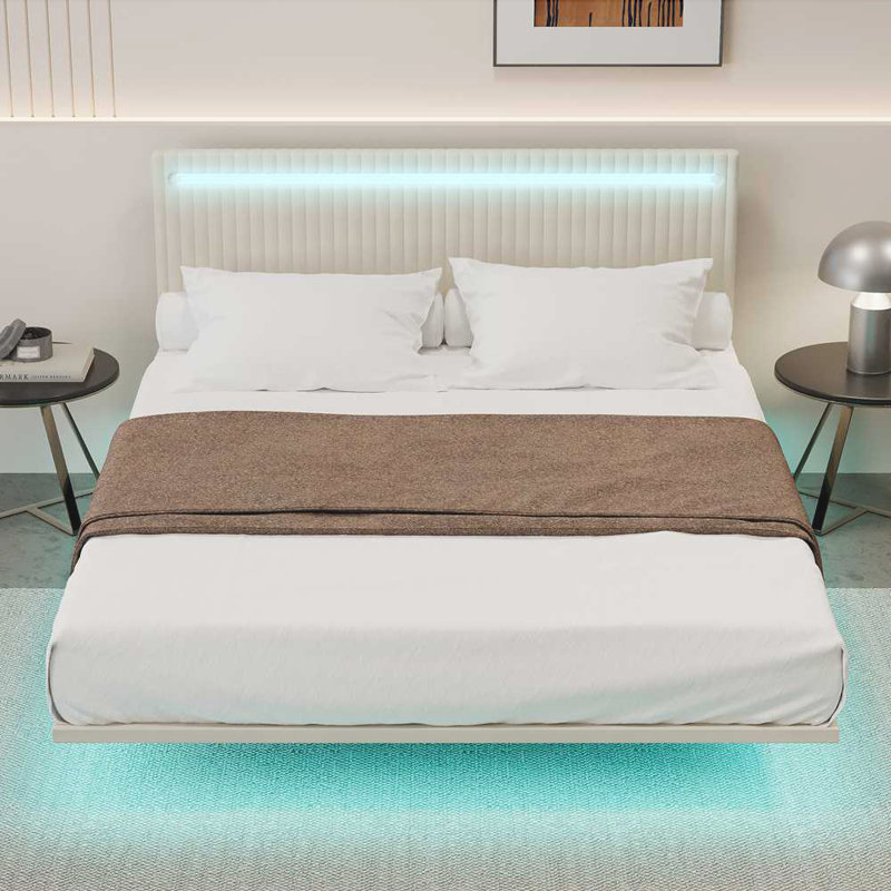 Velvet Fabric Floating Bed Frame with LED Lights, Beige, Full