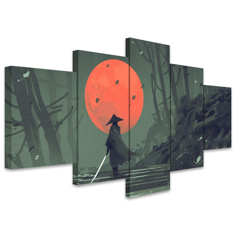Japanese " Samurai Standing On Stairway In Night Forest With The Red Moon On Background " 5 - Pieces