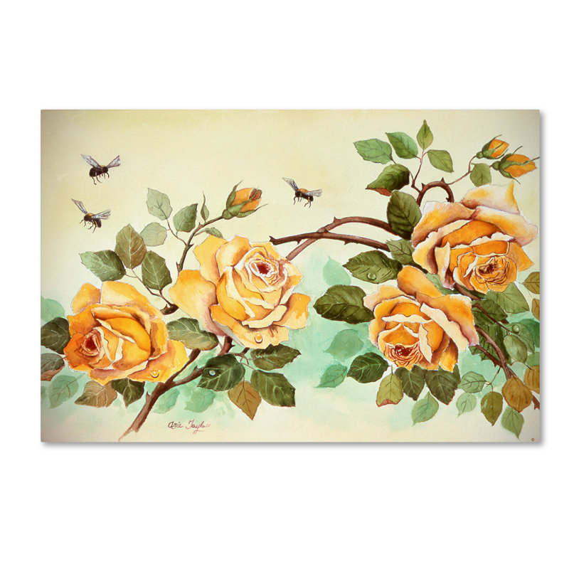 «Yellow Roses with Bees» de Dugazon, reproduction de peinture à l'huile sur toile tendue, H 12 po x l 19 po x P 2 po