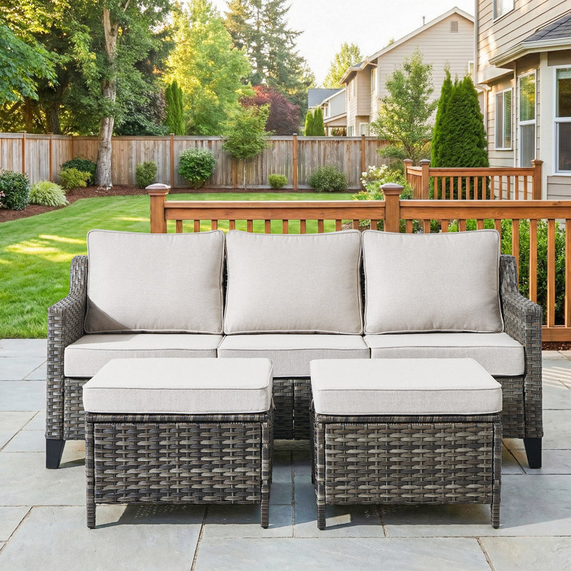 3 Pieces Outdoor Sofa Seating Group, 3-Seater Wicker Sofa With Cushions, All-Weather PE Rattan Wicker Conversation Couch Set For Deck, Poolside, Backyard, Beige, Blue