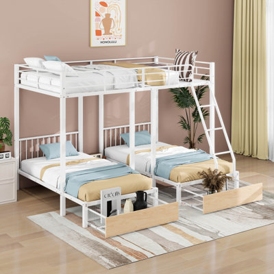 Full Over Twin & Twin Metal Triple Bunk Bed With Drawers And Guardrails, Bunk Bed For 3, Space-Noise Free, No Box Spring Needed by 17 Stories