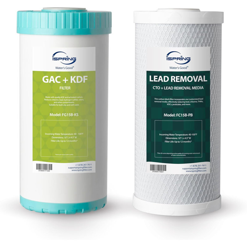 Ensemble de filtres de remplacement iSpring F2US21B-CPB à connexion directe US21B-CPB, filtration d'eau sous l'évier 4,5 po x 10 po, élimination du plomb, cartouches GAC + KFF
