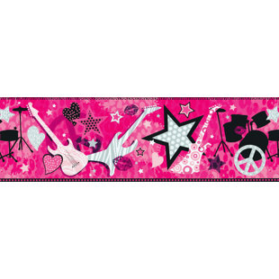 Prepasted Wallpaper Border - Kids Pink, Black, Grey Music, Rock Star, Guitar Wall Border Retro Design, 15 Ft. X 8 In.