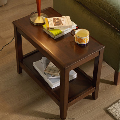 100 Percent Solid Wood Rustic 2-Tier Side Table with Storage Shelf, Rubber Wood Sofa Table and Indoor Plant Stand