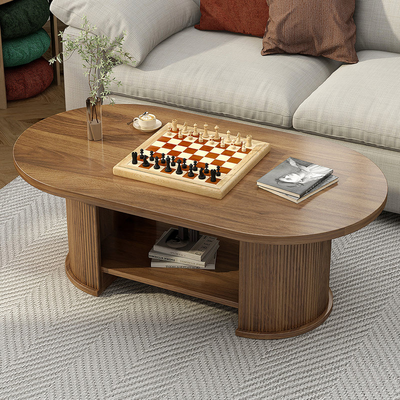 Table basse ovale cannelée, table basse en bois de ferme de 47 po, table basse Mid-Century à 2 niveaux avec tablette de rangement, table d'appoint centrale avec base double, tables de salon Boho pour bureau de salon, noyer
