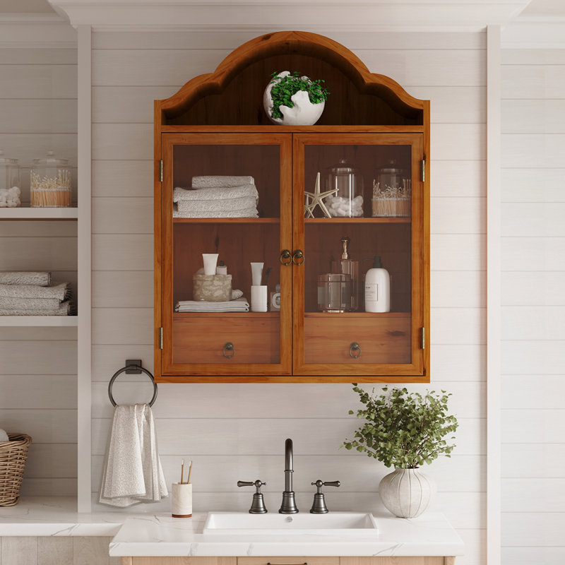 Vintage Rustic Distressed Solid Wood Wall Cabinet with Elegant Wave Top, Brown