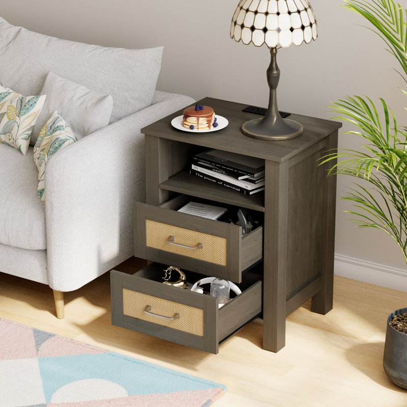 Tables de chevet en rotin avec station de charge, table de chevet moderne pour chambre à coucher, Gris, 1