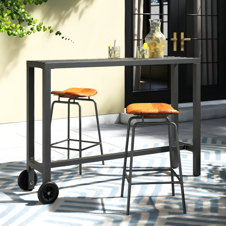 Arteta  39”/55"W X 37"H Rectangular Metal Outdoor Bar Table with Wheels