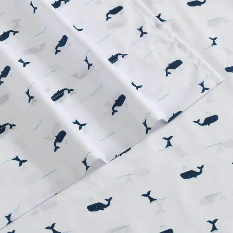 Nautica Kids Printed Cozy Sheet Set, Twin Extra Long Sheet Set with 1 Pillowcase, Caspian Whales Navy