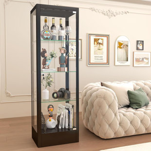 Glass Display Cabinet with Lockable Door, Curio Cabinet with 3 Adjustable Shelves, Tempered Glass Display Case for Figures, Books, Collectibles, 63" Hx19.7 Wx15.8 D Black