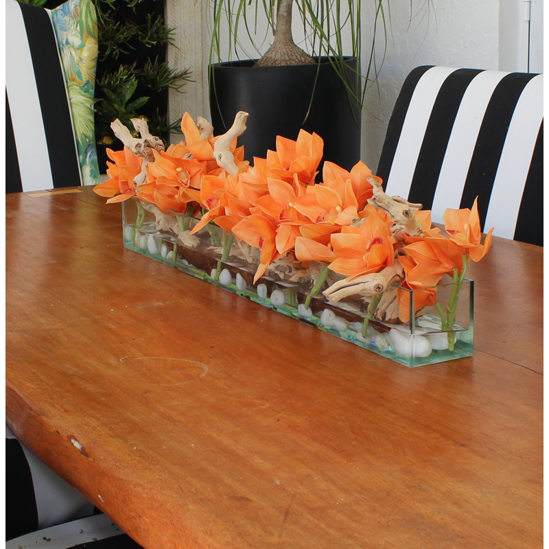 Driftwood Cymbidium Orchids Centerpiece in Glass Planter, 8" H x 24" W x 6" D, Orange