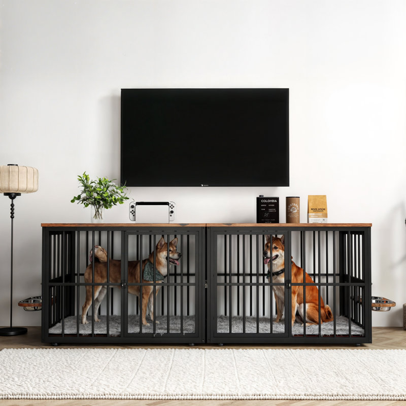 Meuble de cage d'angle pour chien Gurmukh, H 33 po x l 86,6 po x P 29,9 po, Brun