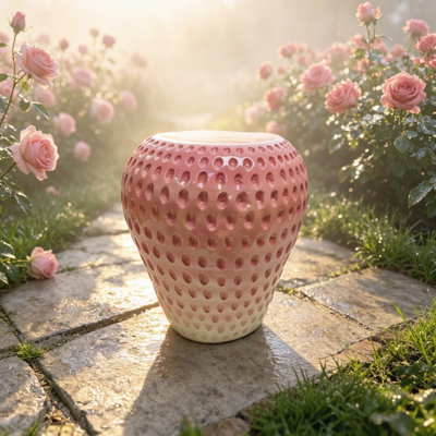 13.4 Inch Pink Resin Realistic Strawberry Shaped Stool, Multifunctional Side Table Plant Stand, Water Resistant Art Deco Decor Furniture for Indoor Patio Garden Balcony Yard Decor