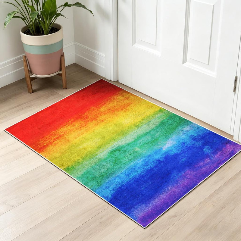 Clear Abstract Watercolor Gradient Bright Rainbow Colors Colorful Smooth Machine Washable Indoor Area Rug