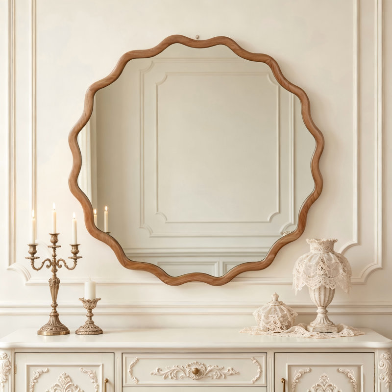 Miroir décoratif rond en bois noir noyer ondulé, pour chambre à coucher, salle de bain, salon, entrée, 30 po x 30 po