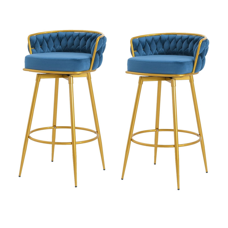 Swivel Counter Height Bar Stools Set Of 2, 31." Bar Height Stools With Hand-Woven Backrest & Gold Metal Legs, Modern Low Back Upholstered Kitchen Chairs With Footrest For Island, Dining Room,Blue