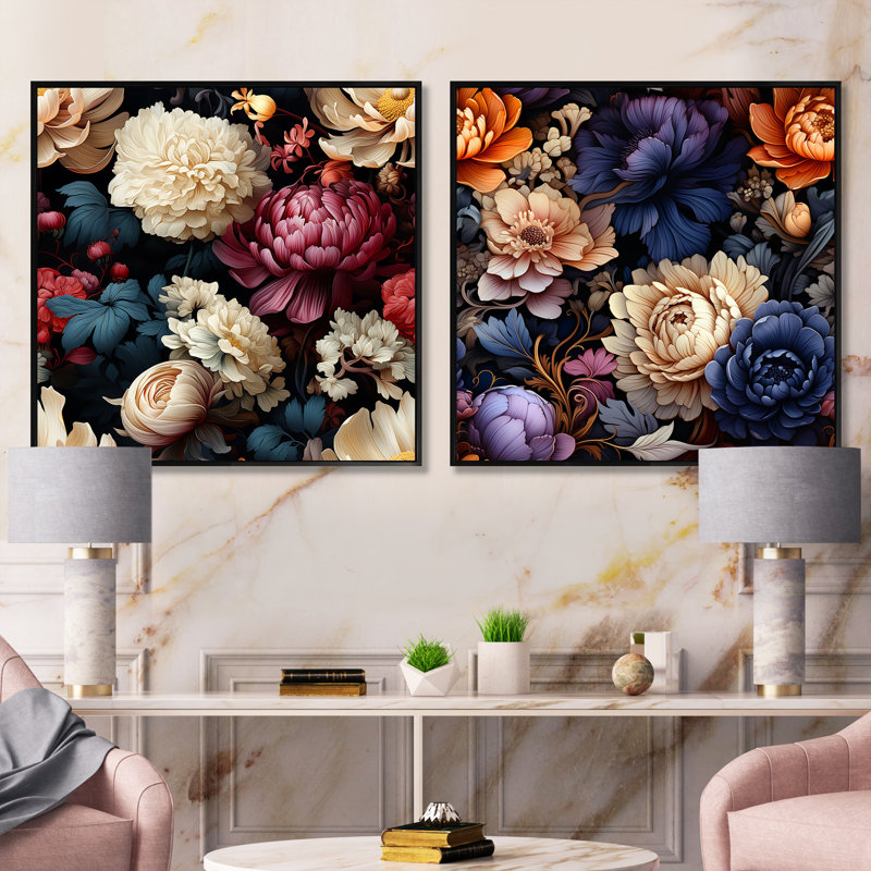 Vargo - Ensemble de 2 collages floraux carrés, Cadre flottant noir, H 16 po x l 33 po