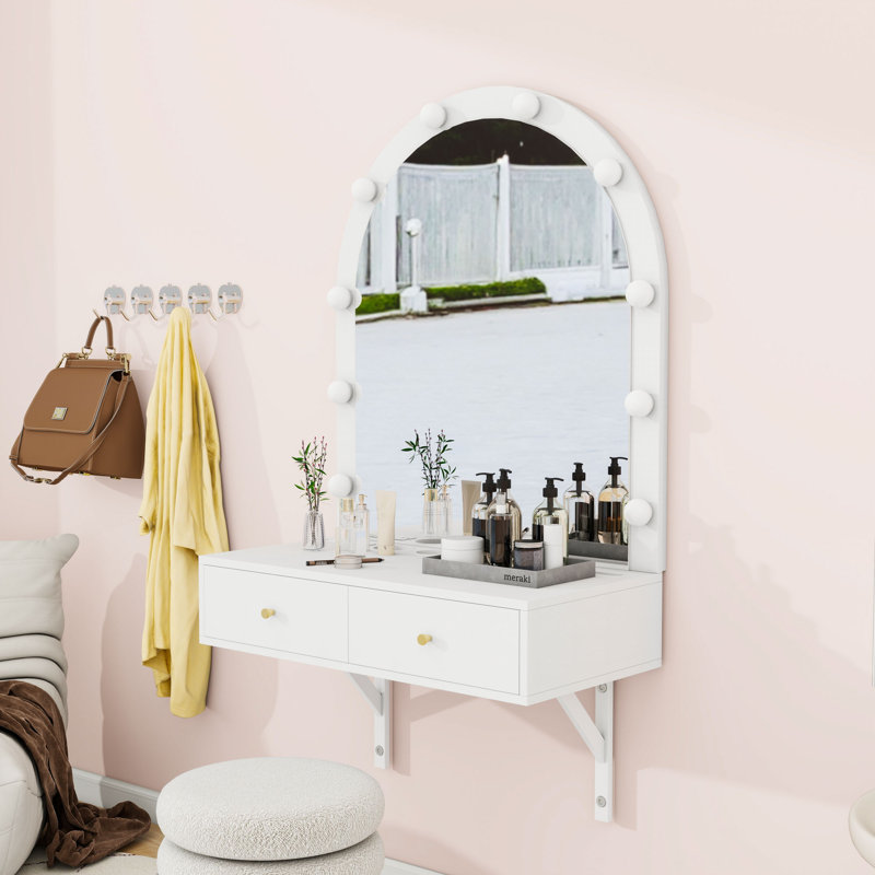 Coiffeuse murale avec port de charge, tiroirs, miroir et lumières tricolores, Blanc