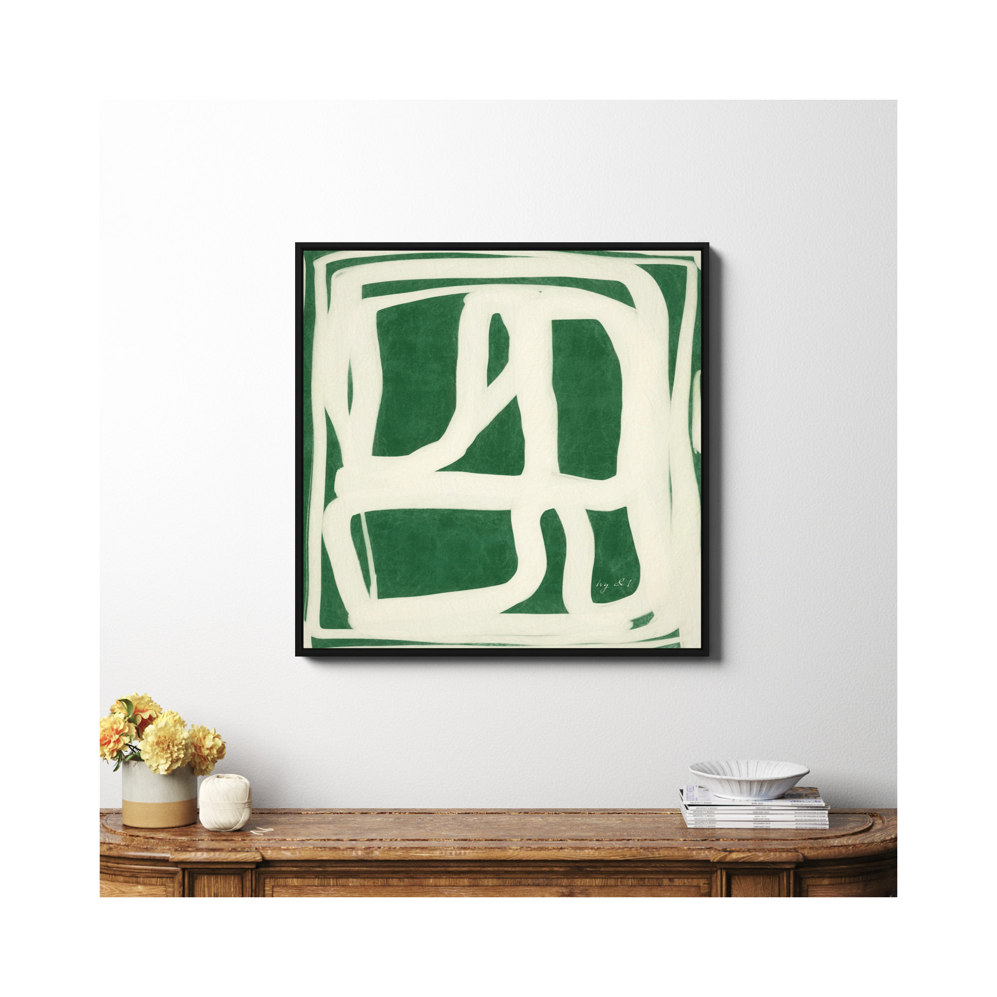 Green White Movement by Ivy&I, No, 36" H x 36" W x 2" D, Black Framed Canvas