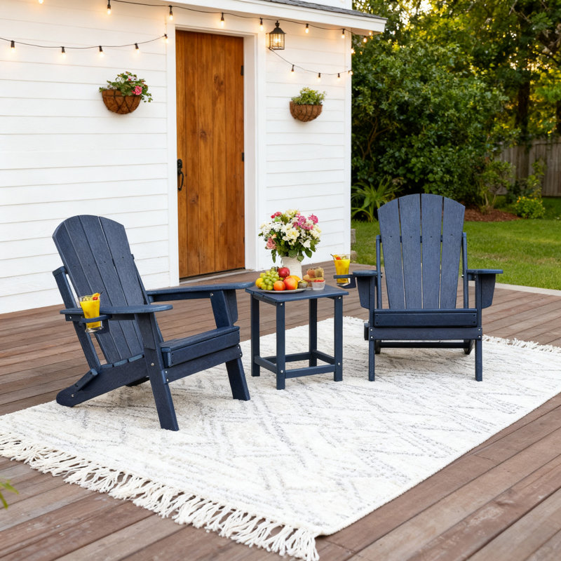 All-Weather High-Density Polyethylene (HDPE) Foldable Adirondack Chair With Table, Two-Piece Set, Blue
