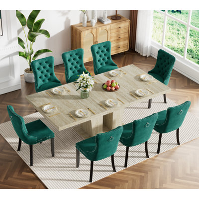 Extendable Dining Table Set, 62.99" -78.74" Dining Room Table & Velvet Dining Chairs with Wood Leg, Rustic Kitchen Dining Table and Chairs Set, Modern