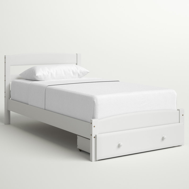 Structure de lit plateforme simple avec tiroir de rangement et support en lattes de bois sans sommier, Blanc
