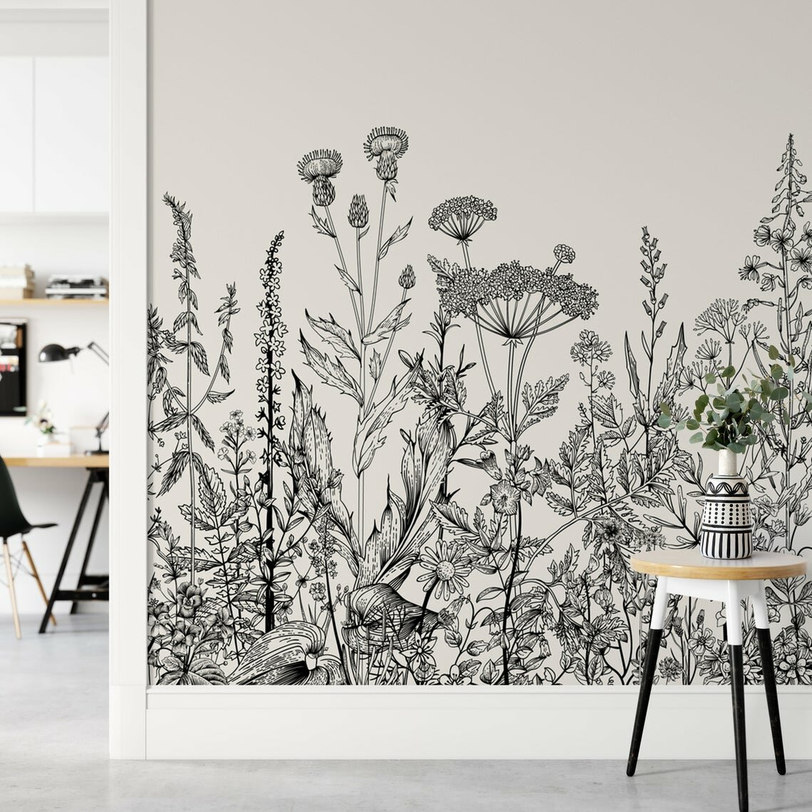 Butterflies In Flower Garden Wall Mural. Retro Black And White