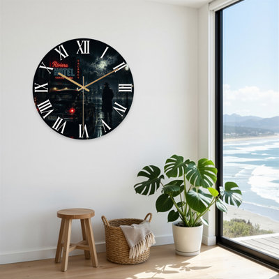 Stylish Noir Cityscape With Vintage Car And Neon Sign Ultra Clear Glass Wall Clock
